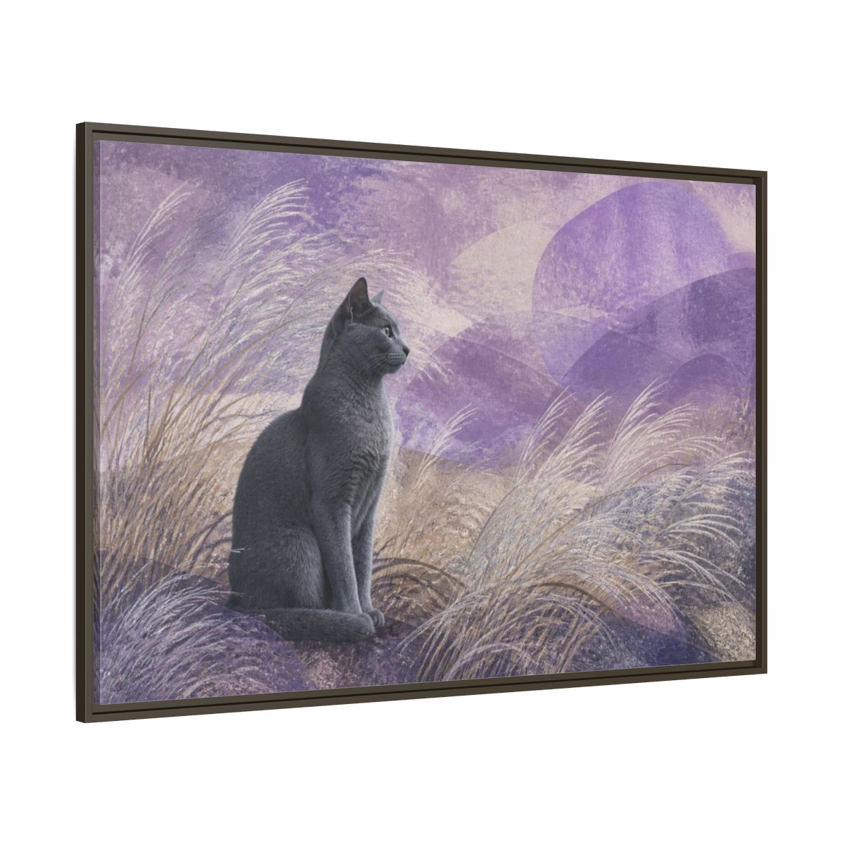 Side Mockup 8. Pet Cat In Lavender shown as framed canvas print
