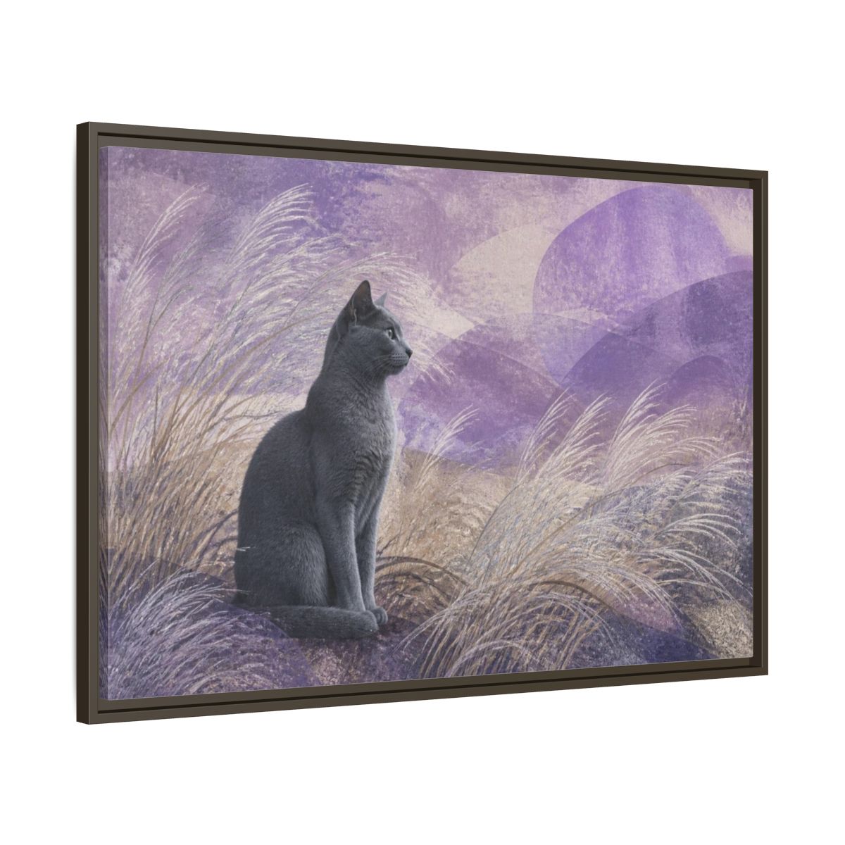 Main Mockup. Pet Cat In Lavender shown as framed canvas print