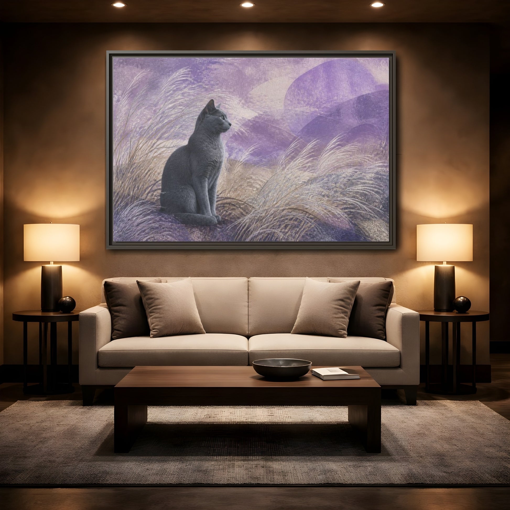 Mockup 2. Pet Cat In Lavender shown as framed canvas print