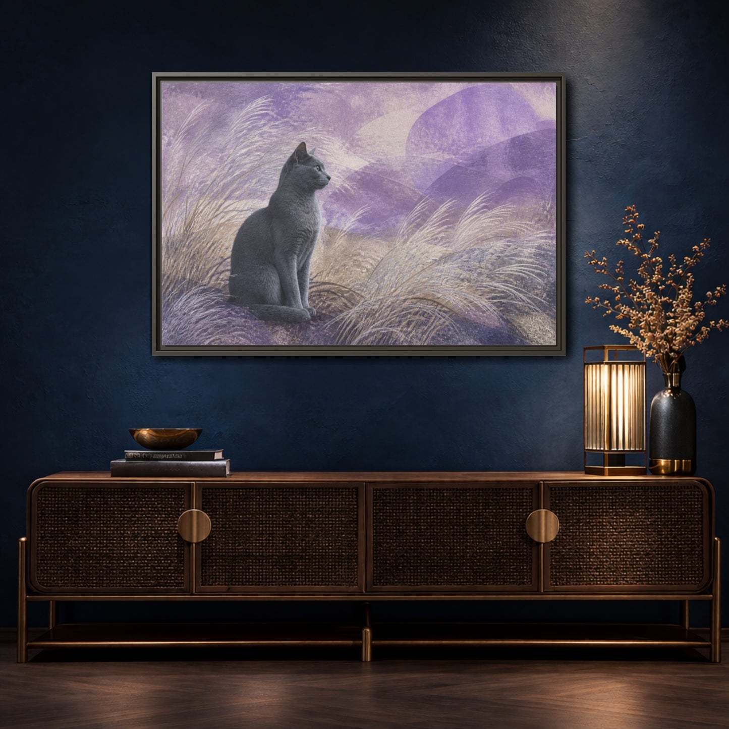 Mockup 4. Pet Cat In Lavender shown as framed canvas print