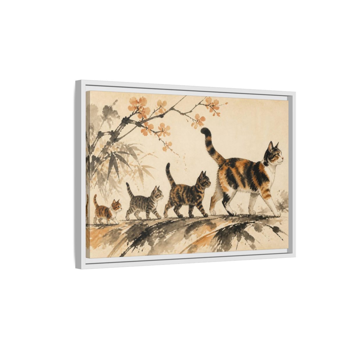 Side Mockup 1. Pet Cat Parade shown as framed canvas print