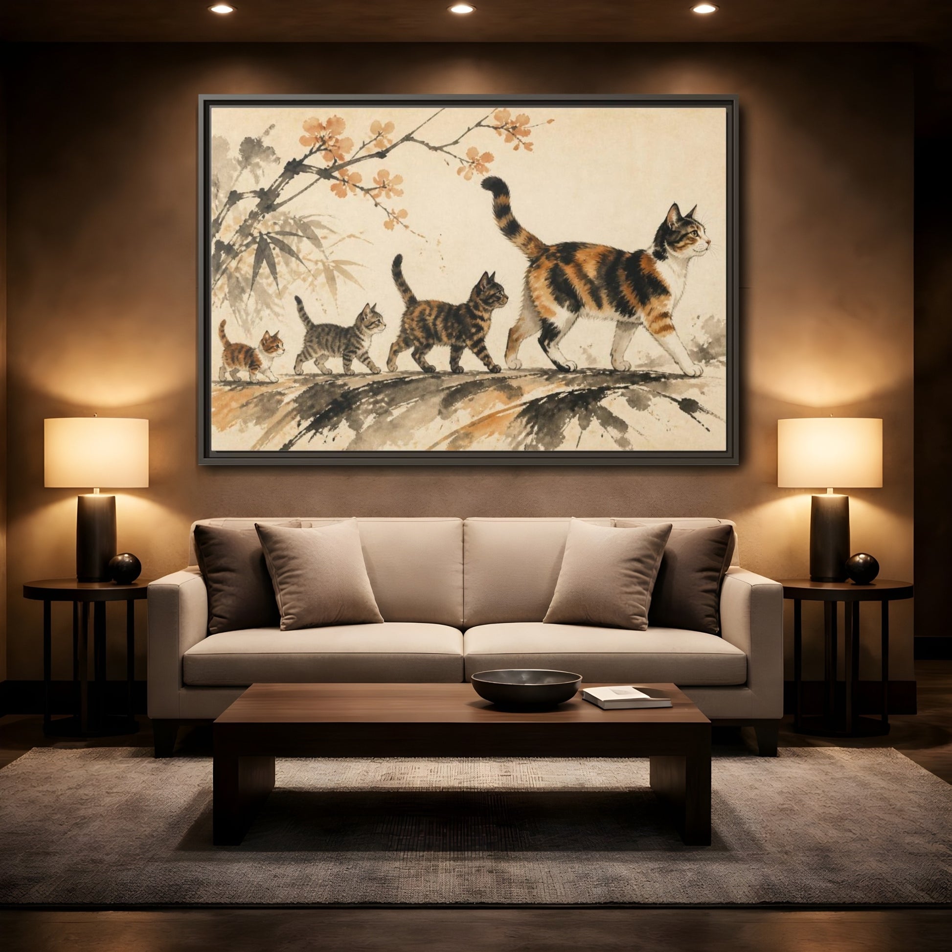 Mockup 2. Pet Cat Parade shown as framed canvas print