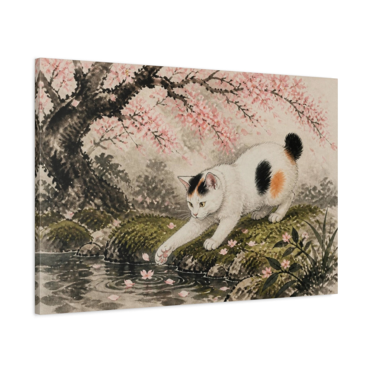 Main Mockup. Pet Cat Under Cherry Blossoms shown as canvas print
