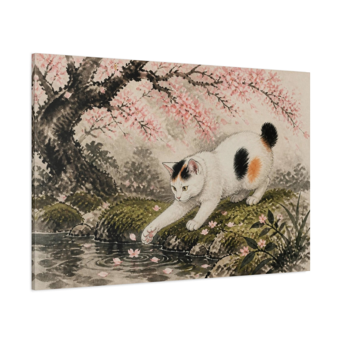 Side Mockup 1. Pet Cat Under Cherry Blossoms shown as canvas print