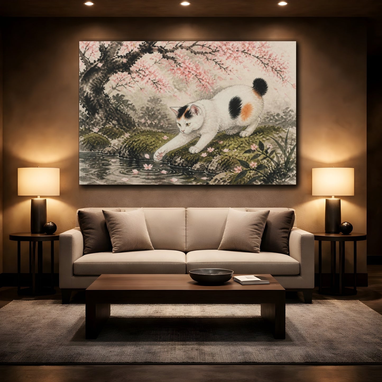 Mockup 2. Pet Cat Under Cherry Blossoms shown as canvas print