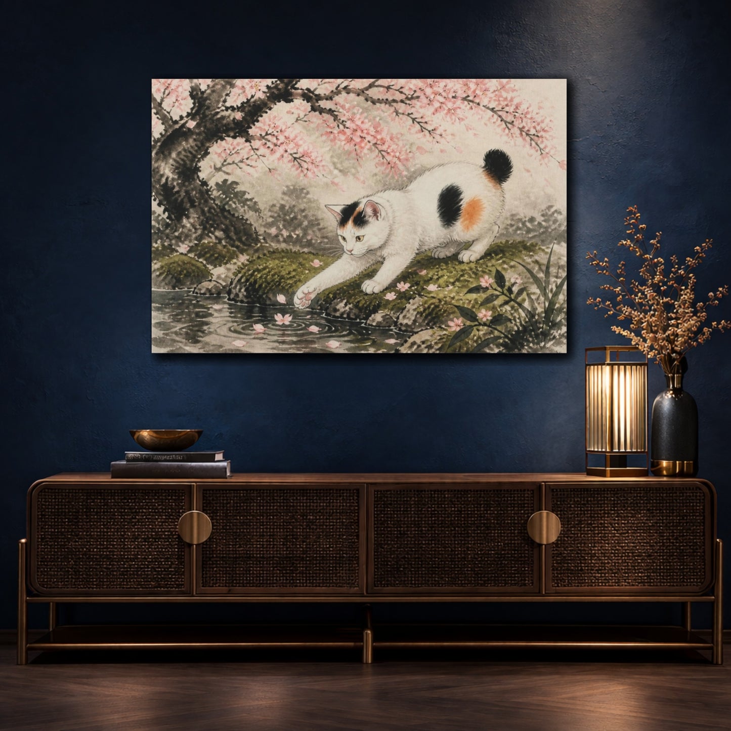 Mockup 4. Pet Cat Under Cherry Blossoms shown as canvas print