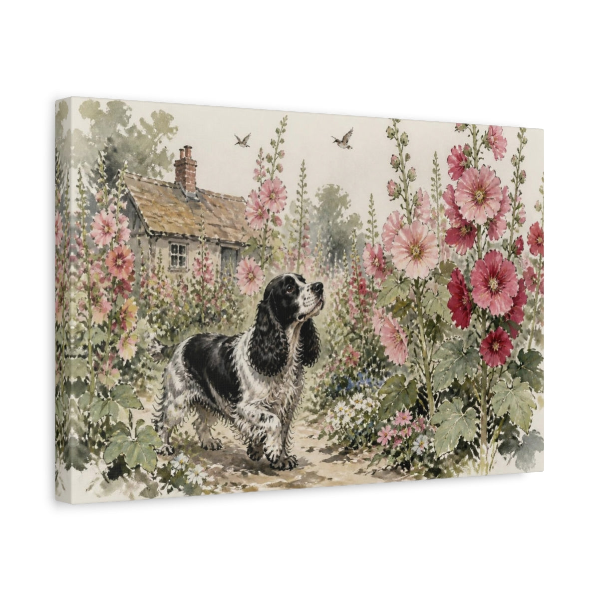 Side Mockup 4. Pet Cocker Spaniel Garden shown as canvas print
