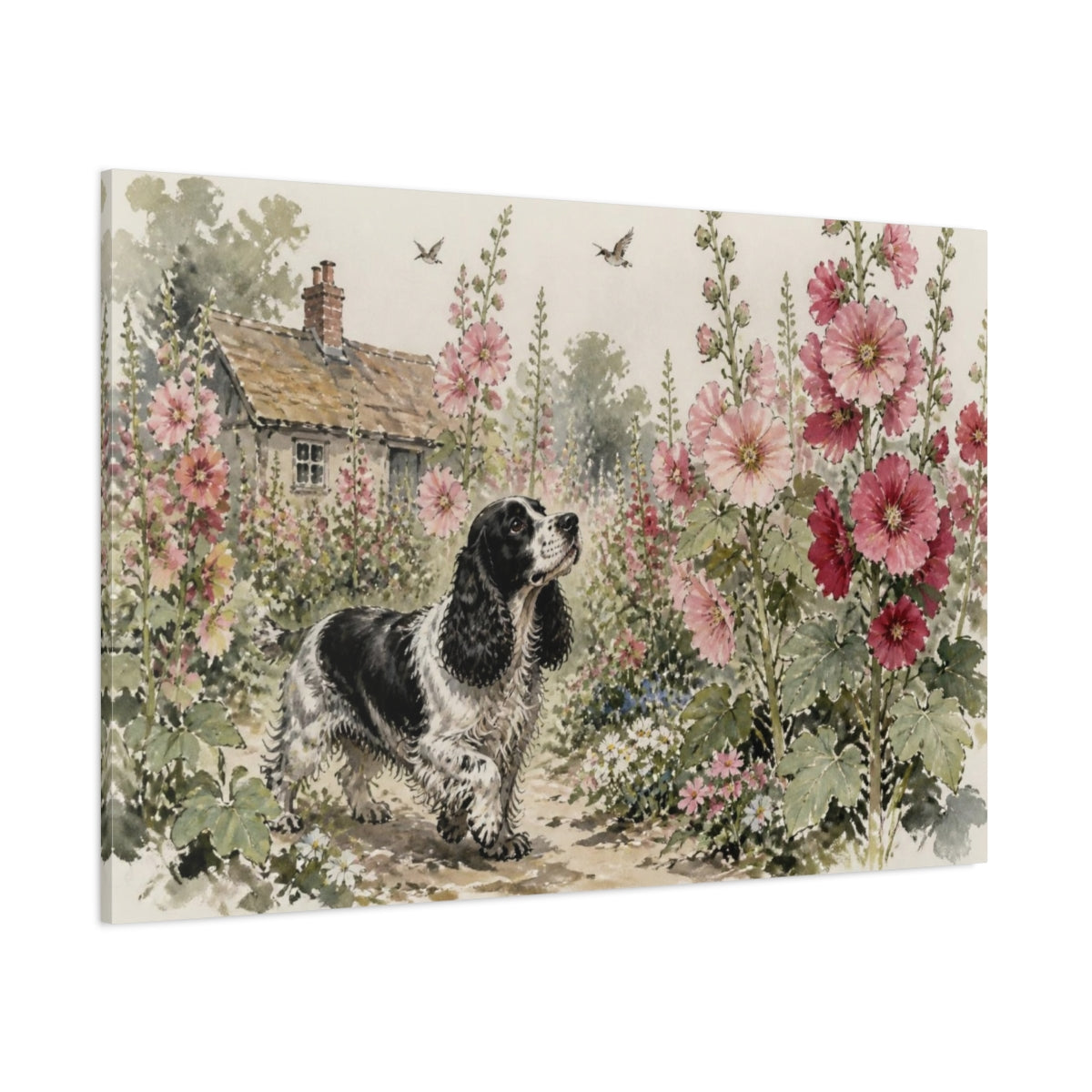 Side Mockup 1. Pet Cocker Spaniel Garden shown as canvas print