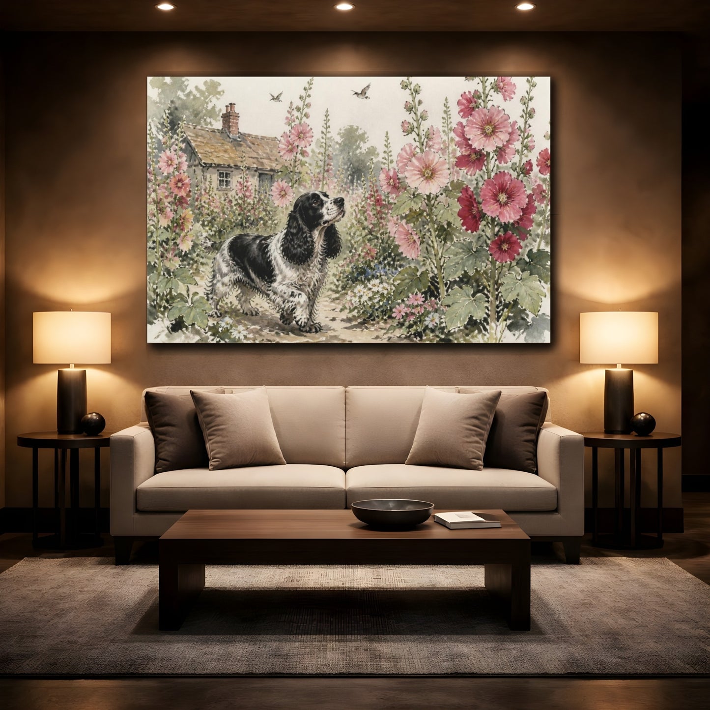 Mockup 2. Pet Cocker Spaniel Garden shown as canvas print