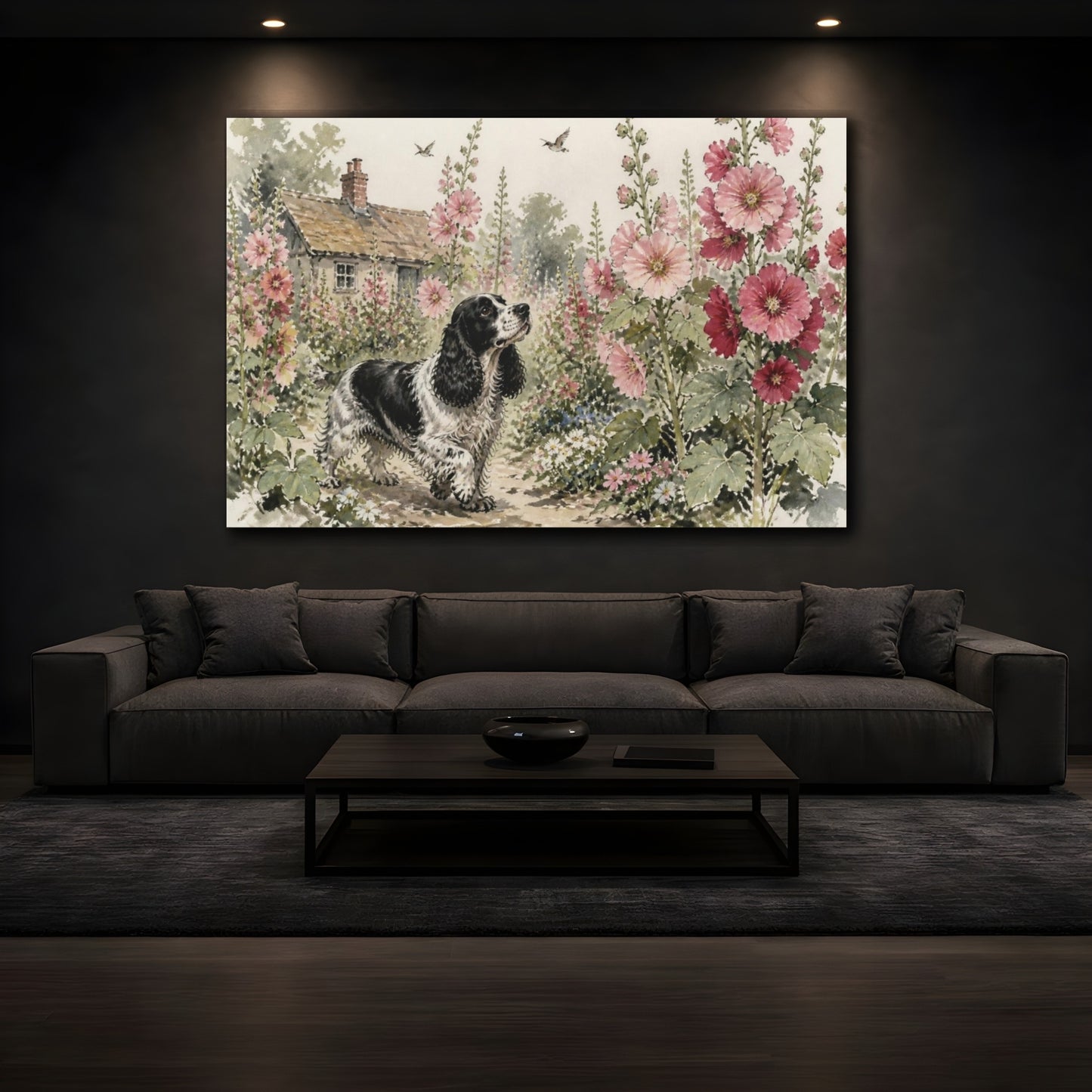 Mockup 3. Pet Cocker Spaniel Garden shown as canvas print