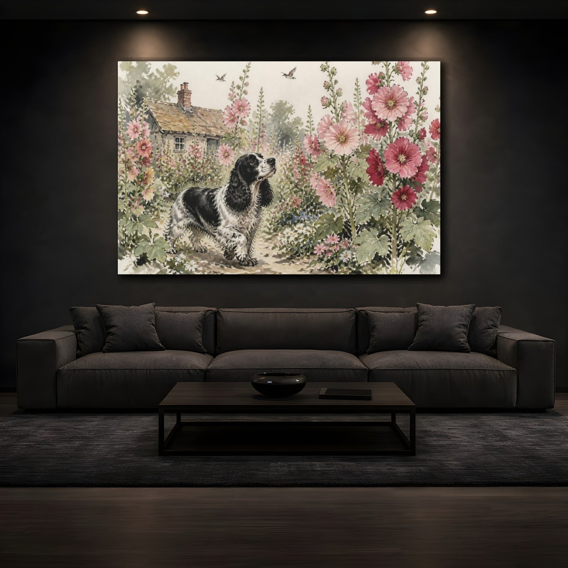 Mockup 3. Pet Cocker Spaniel Garden shown as canvas print
