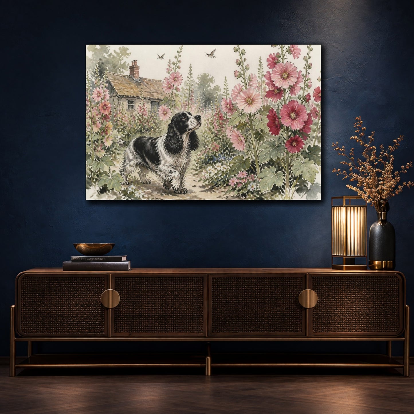 Mockup 4. Pet Cocker Spaniel Garden shown as canvas print