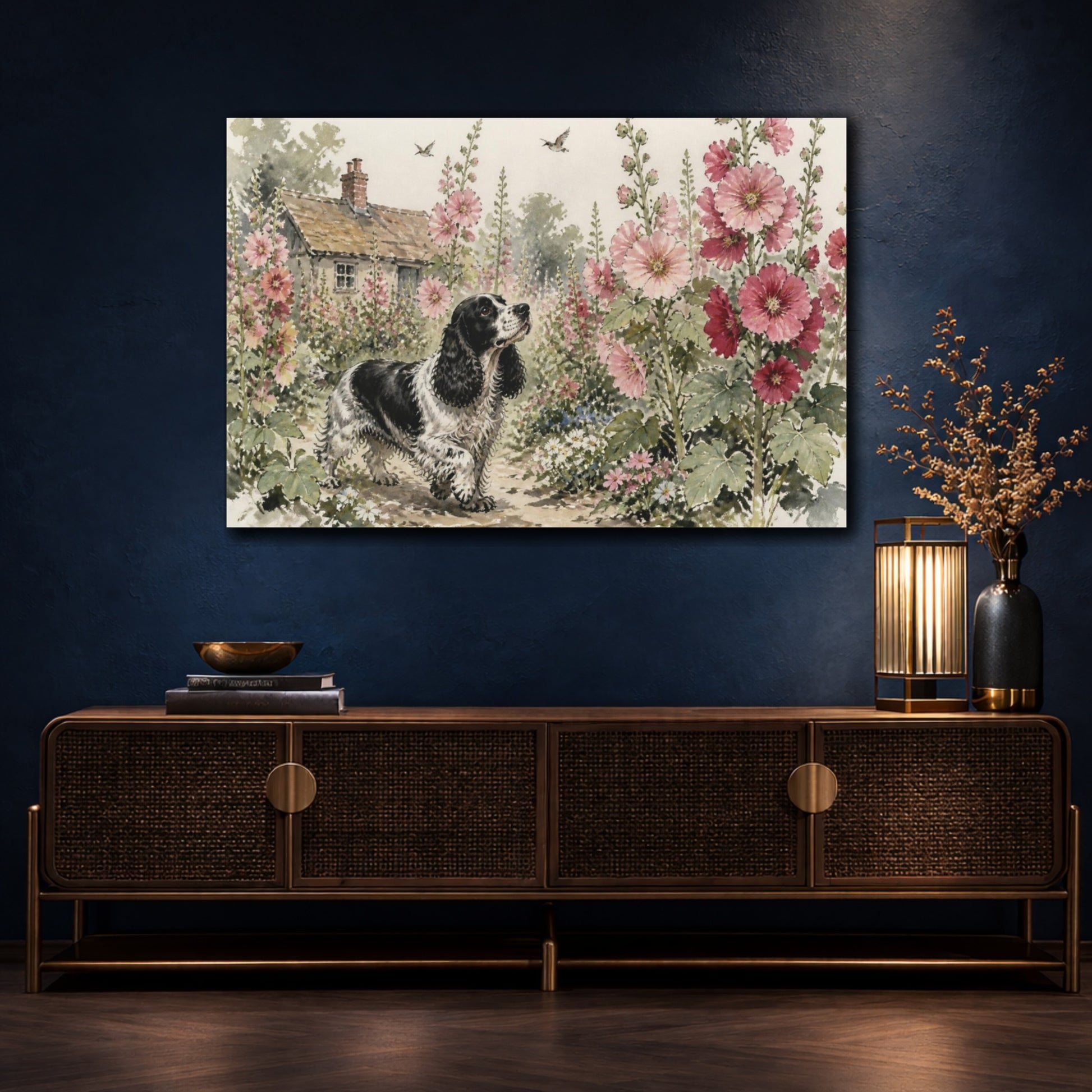 Mockup 4. Pet Cocker Spaniel Garden shown as canvas print