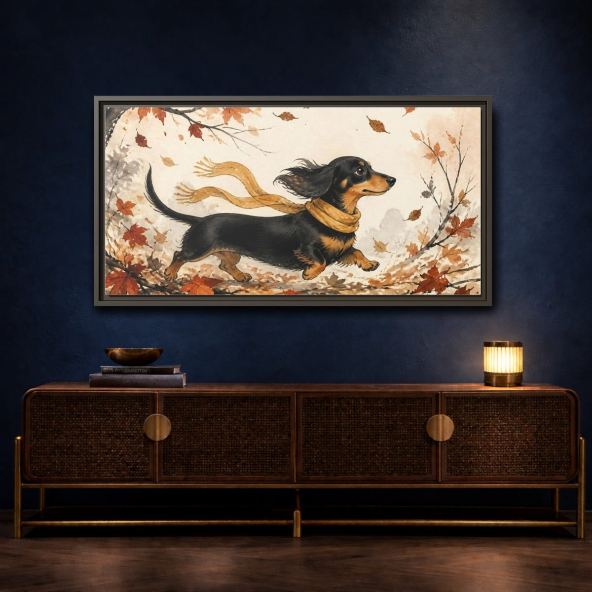 Pet Dachshund In Scarf Framed Canvas Print Wall Art – Living Room Decor, Above Sofa - YesArtYes