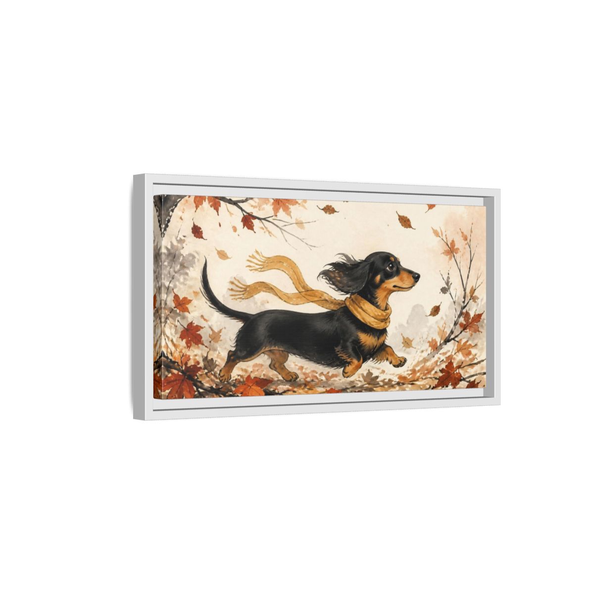 Side Mockup 6. Pet Dachshund In Scarf shown as framed canvas print