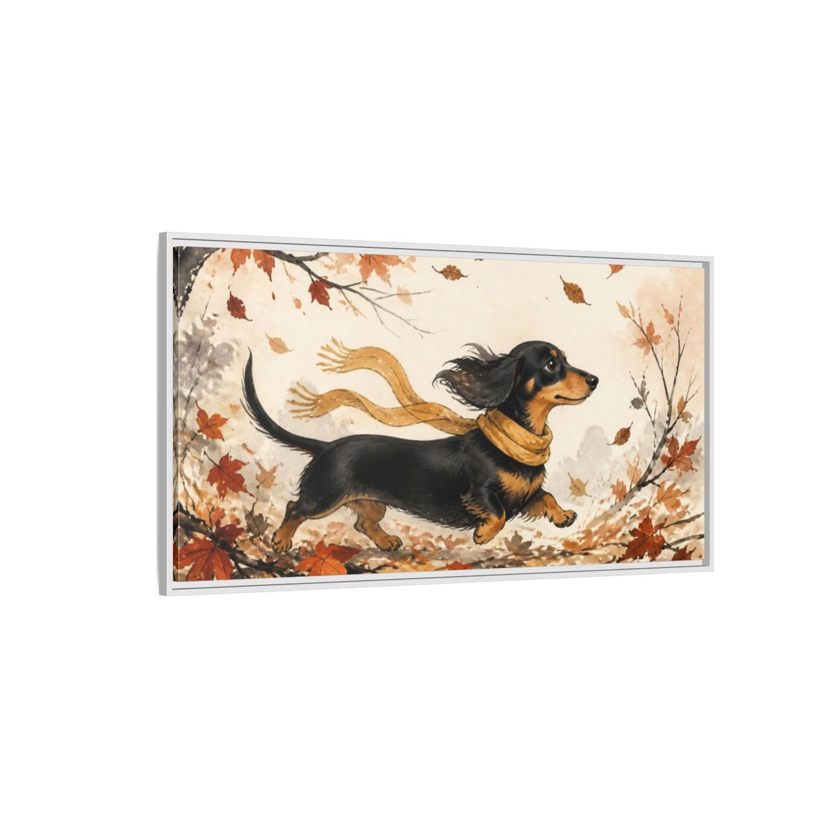 Side Mockup 3. Pet Dachshund In Scarf shown as framed canvas print