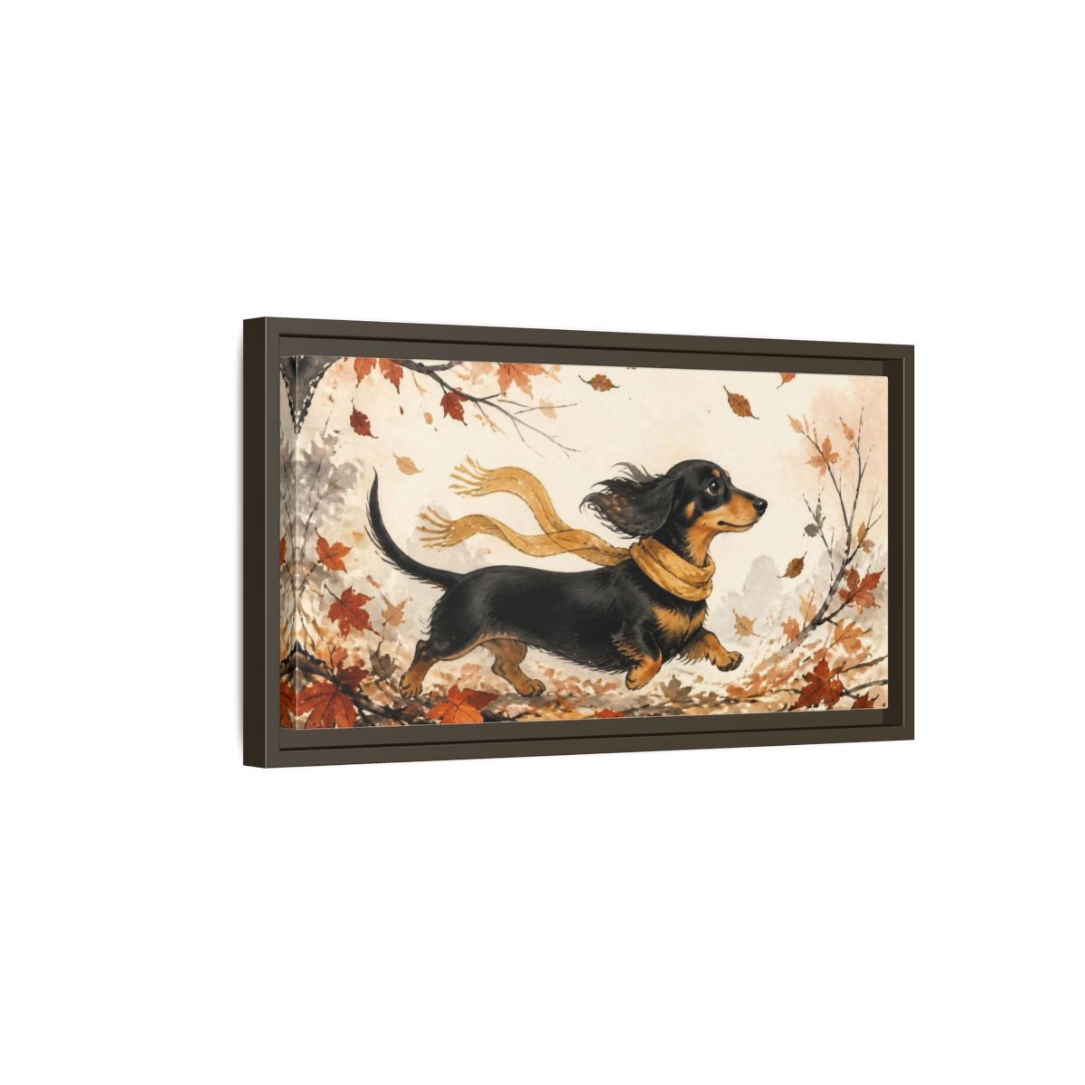 Side Mockup 7. Pet Dachshund In Scarf shown as framed canvas print