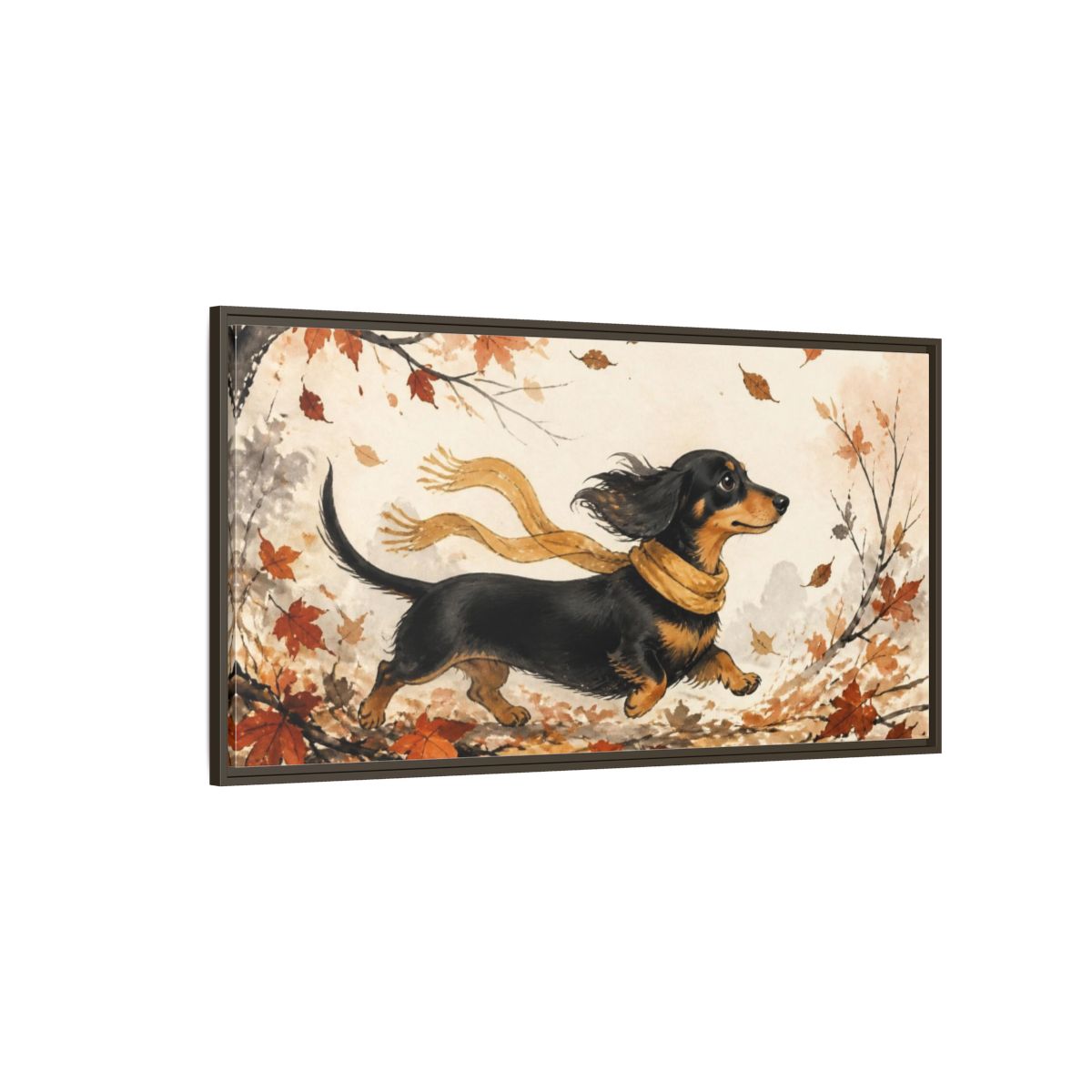 Side Mockup 4. Pet Dachshund In Scarf shown as framed canvas print