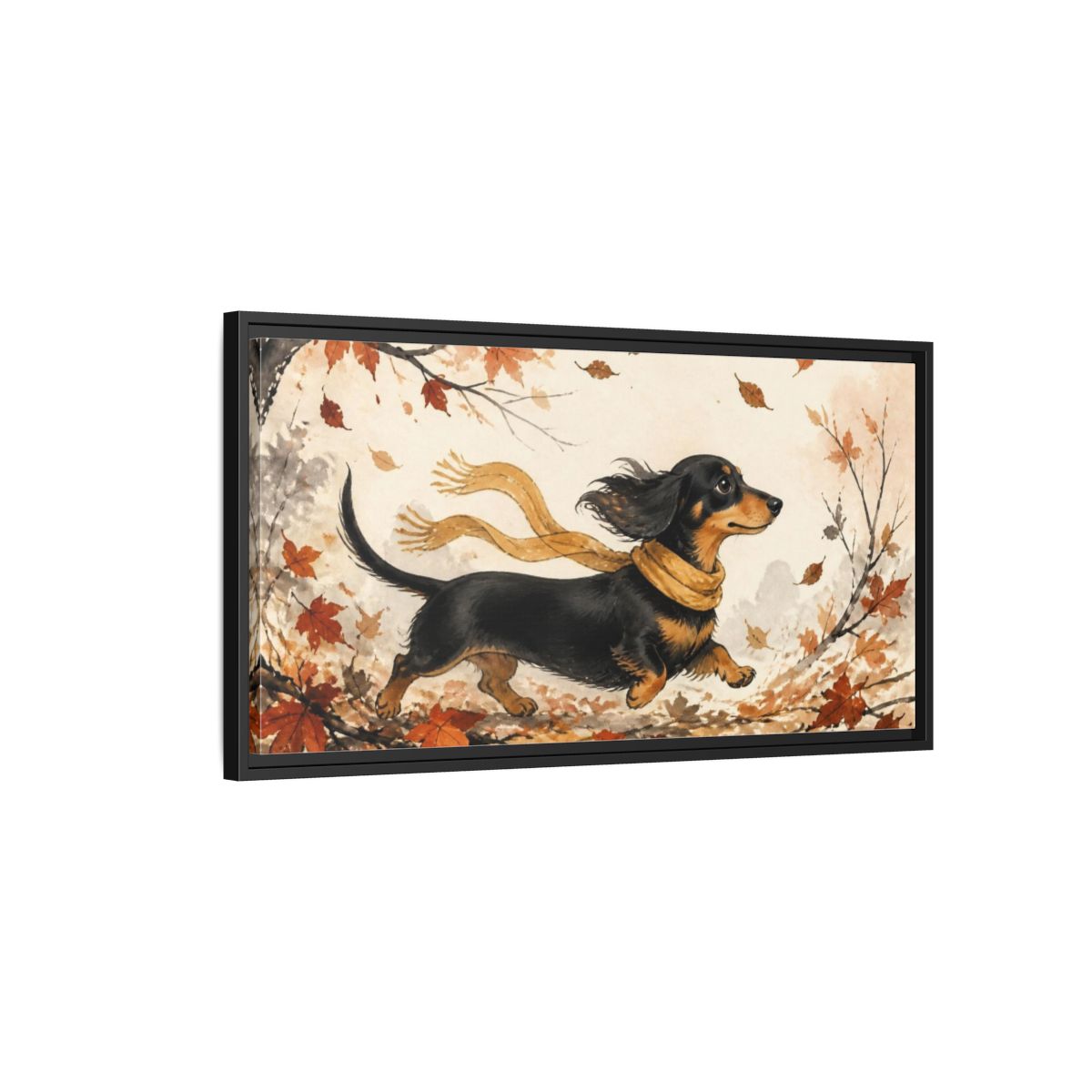Side Mockup 2. Pet Dachshund In Scarf shown as framed canvas print