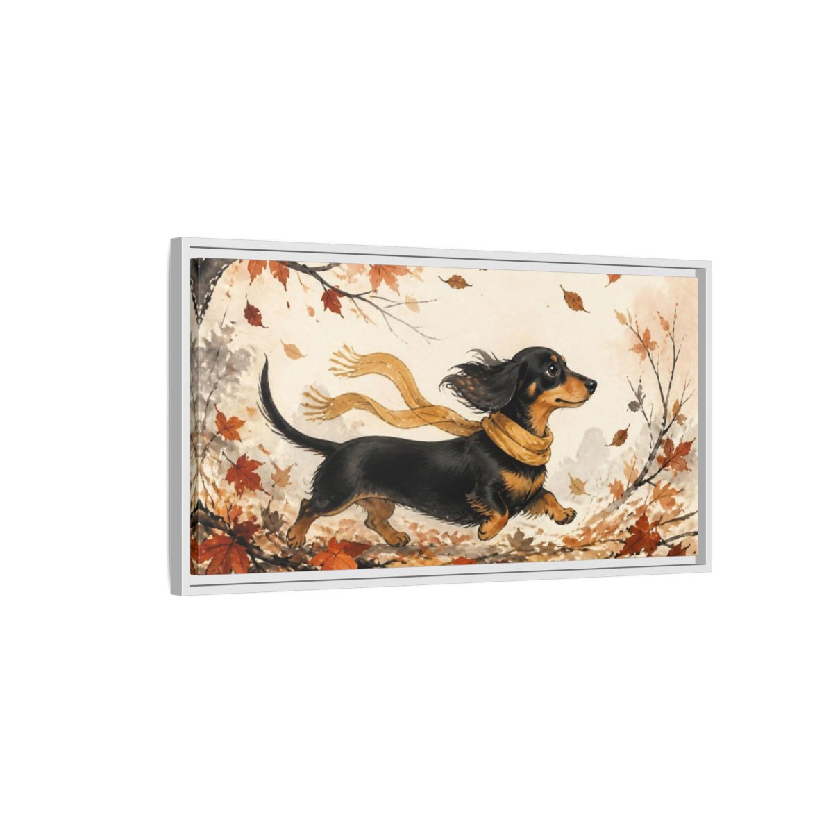 Side Mockup 1. Pet Dachshund In Scarf shown as framed canvas print