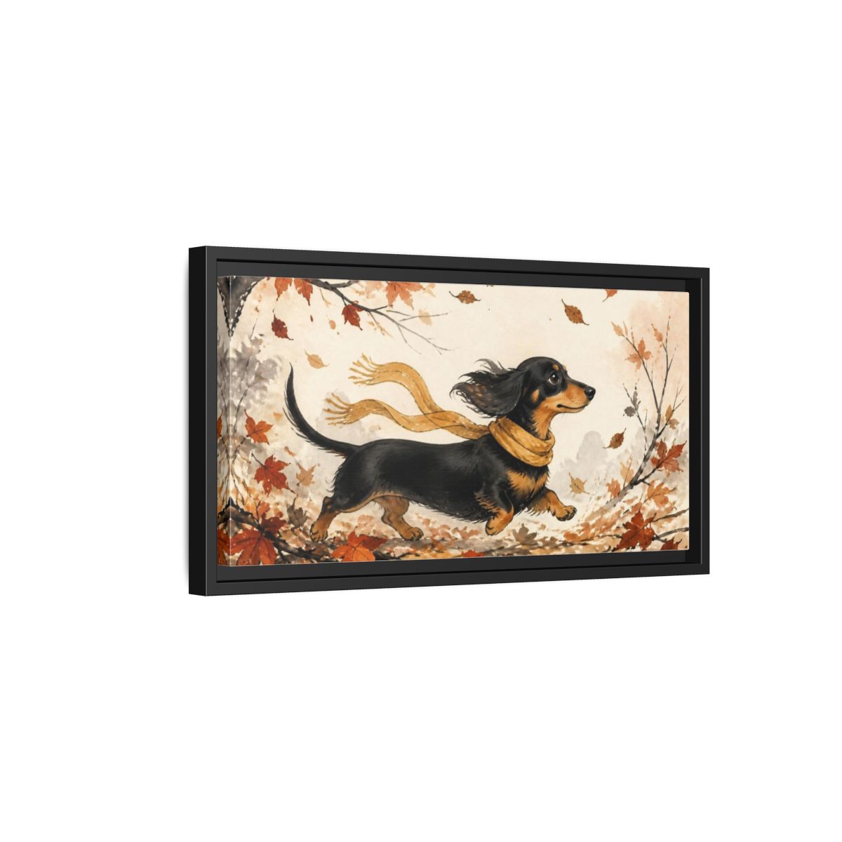 Side Mockup 8. Pet Dachshund In Scarf shown as framed canvas print