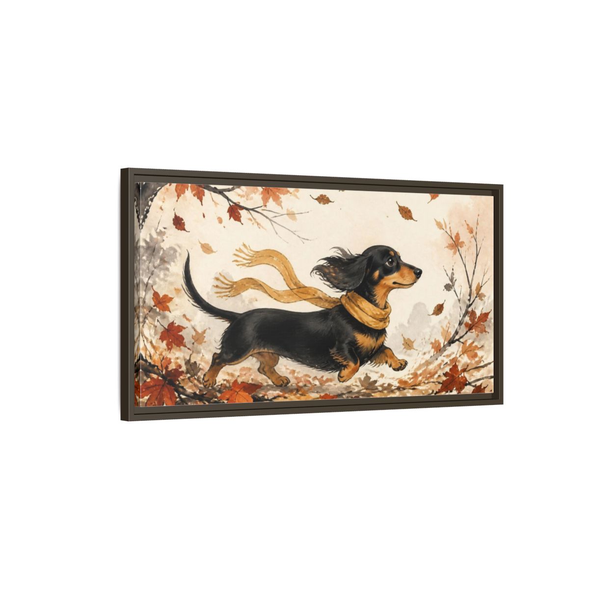 Main Mockup. Pet Dachshund In Scarf shown as framed canvas print