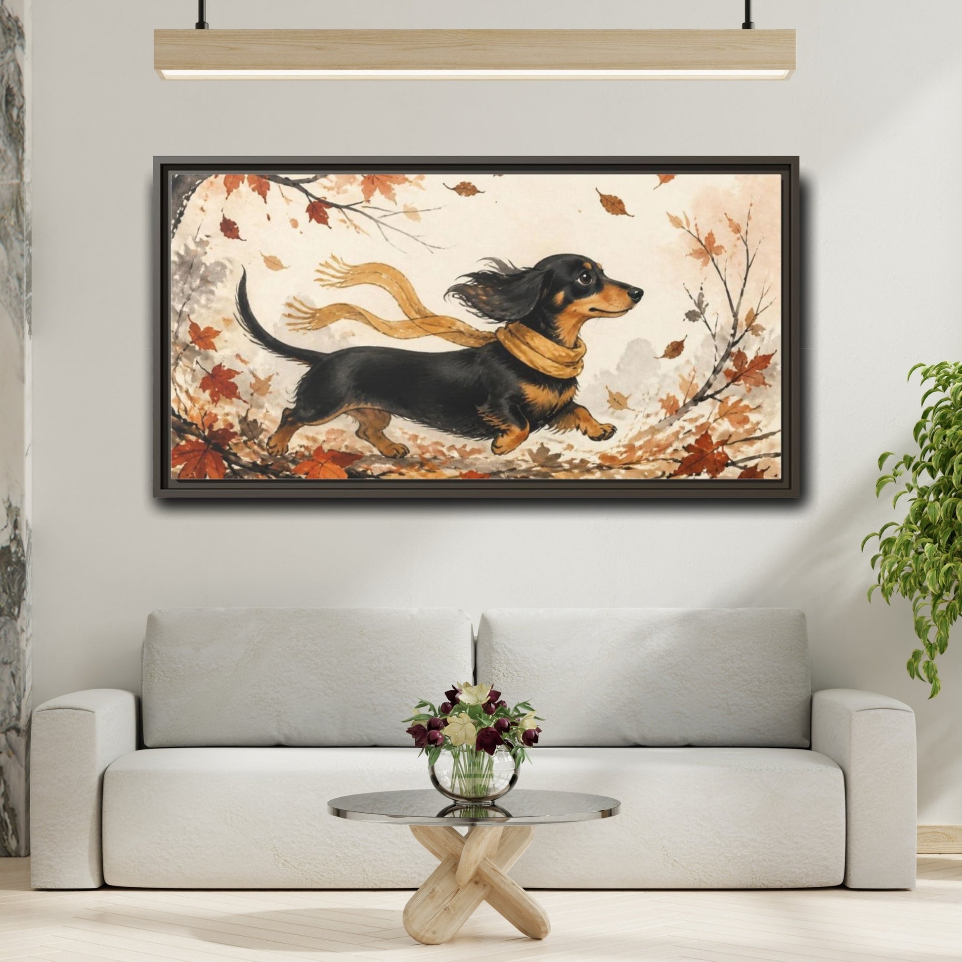 Mockup 2. Pet Dachshund In Scarf shown as framed canvas print