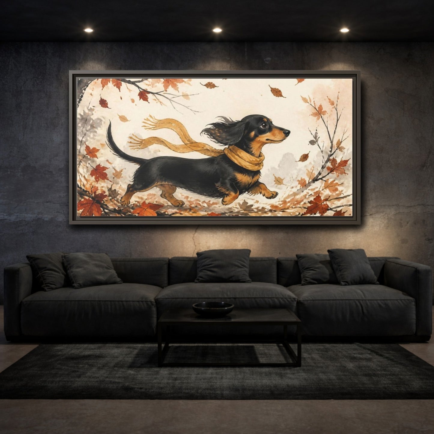 Mockup 3. Pet Dachshund In Scarf shown as framed canvas print