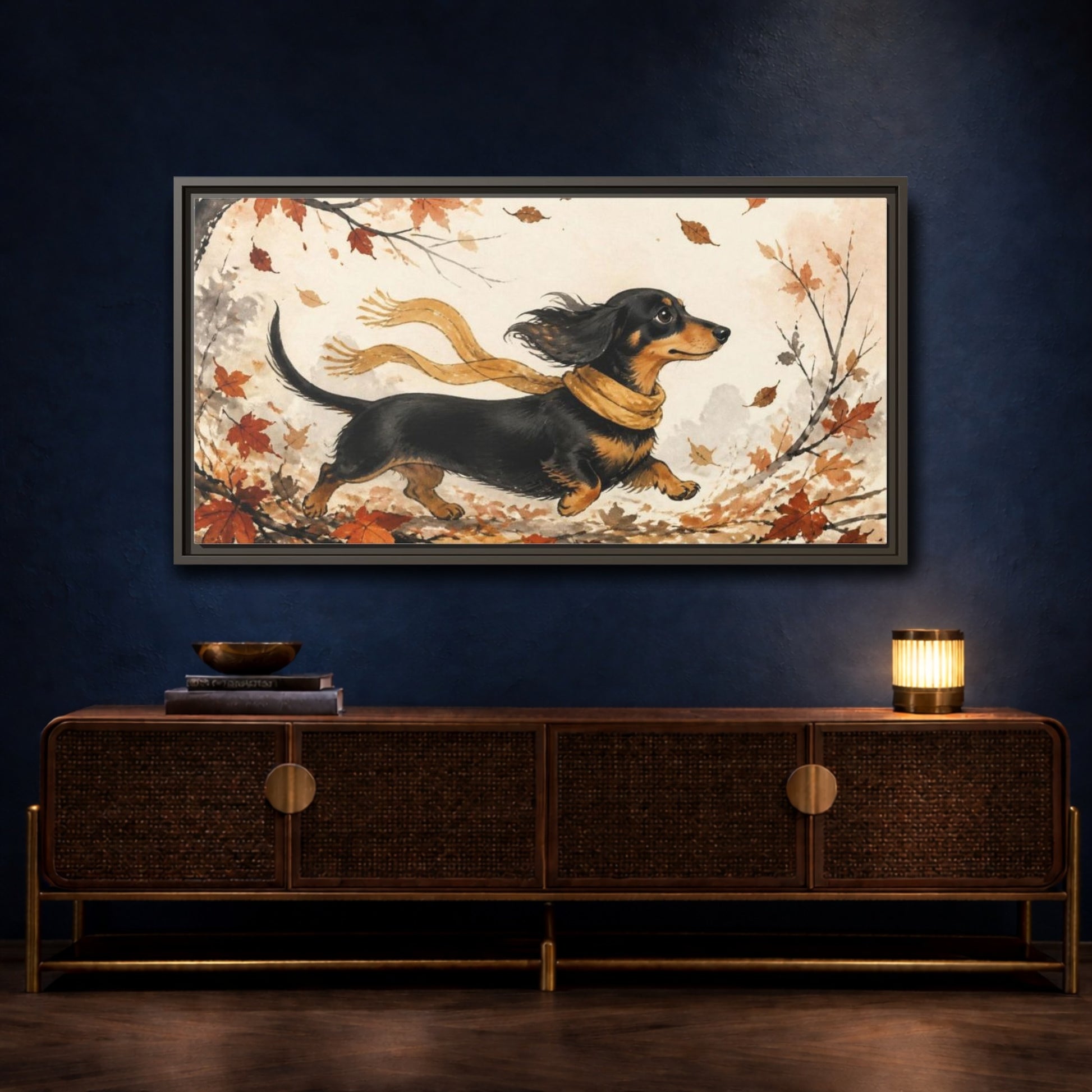Mockup 4. Pet Dachshund In Scarf shown as framed canvas print