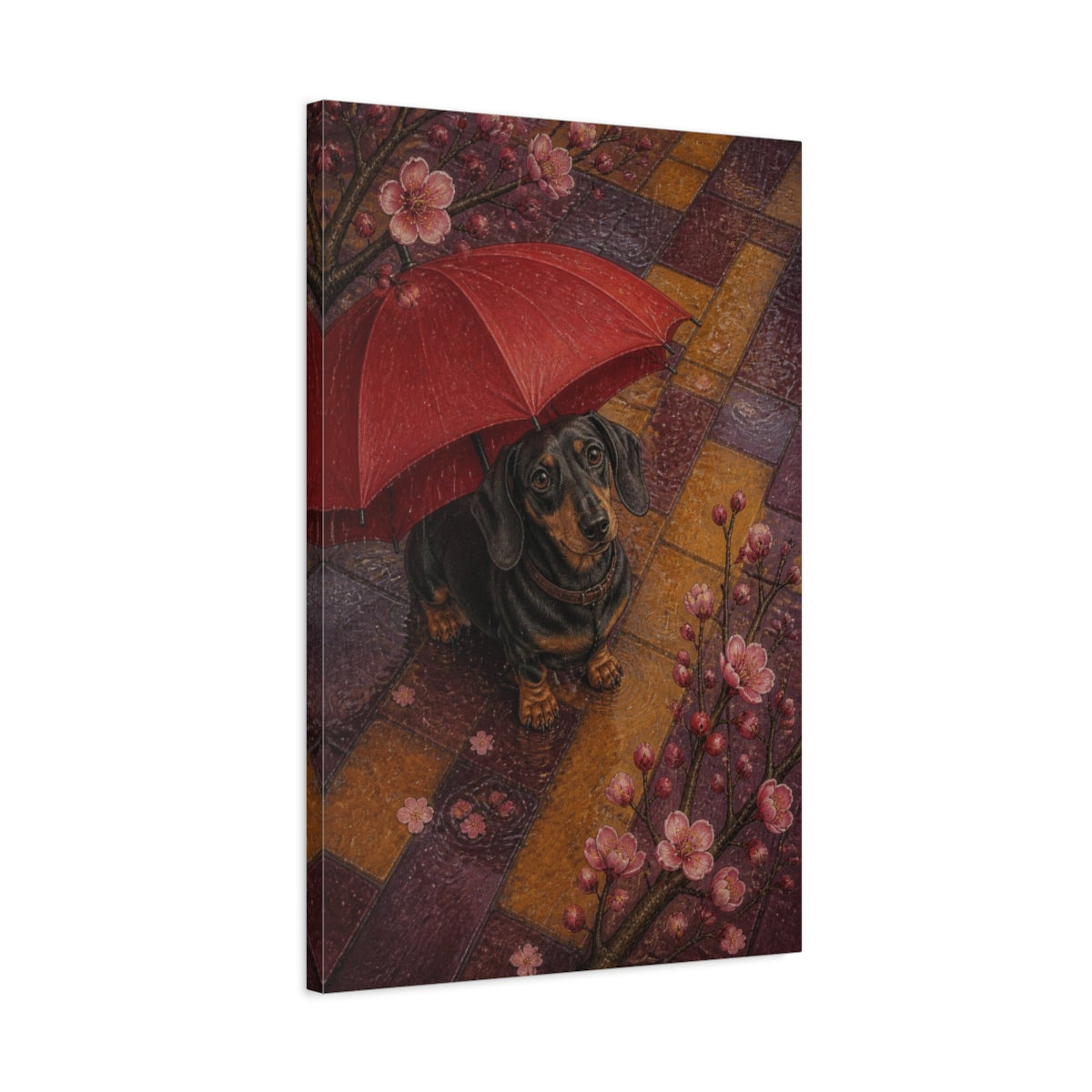 Side Mockup 2. Pet Dachshund With Umbrella shown as canvas print