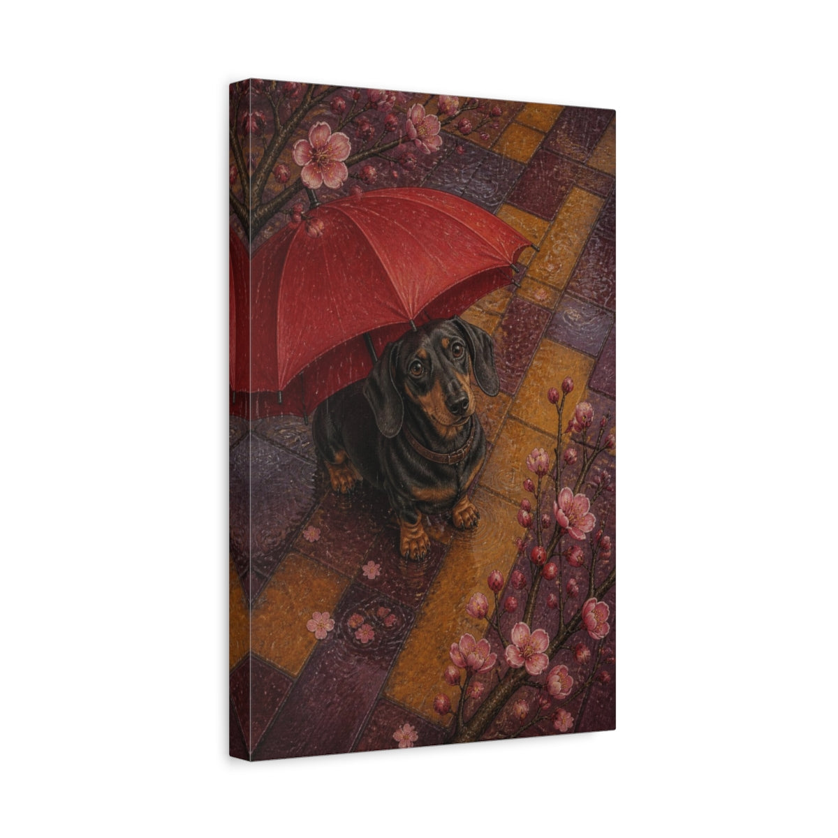 Side Mockup 4. Pet Dachshund With Umbrella shown as canvas print