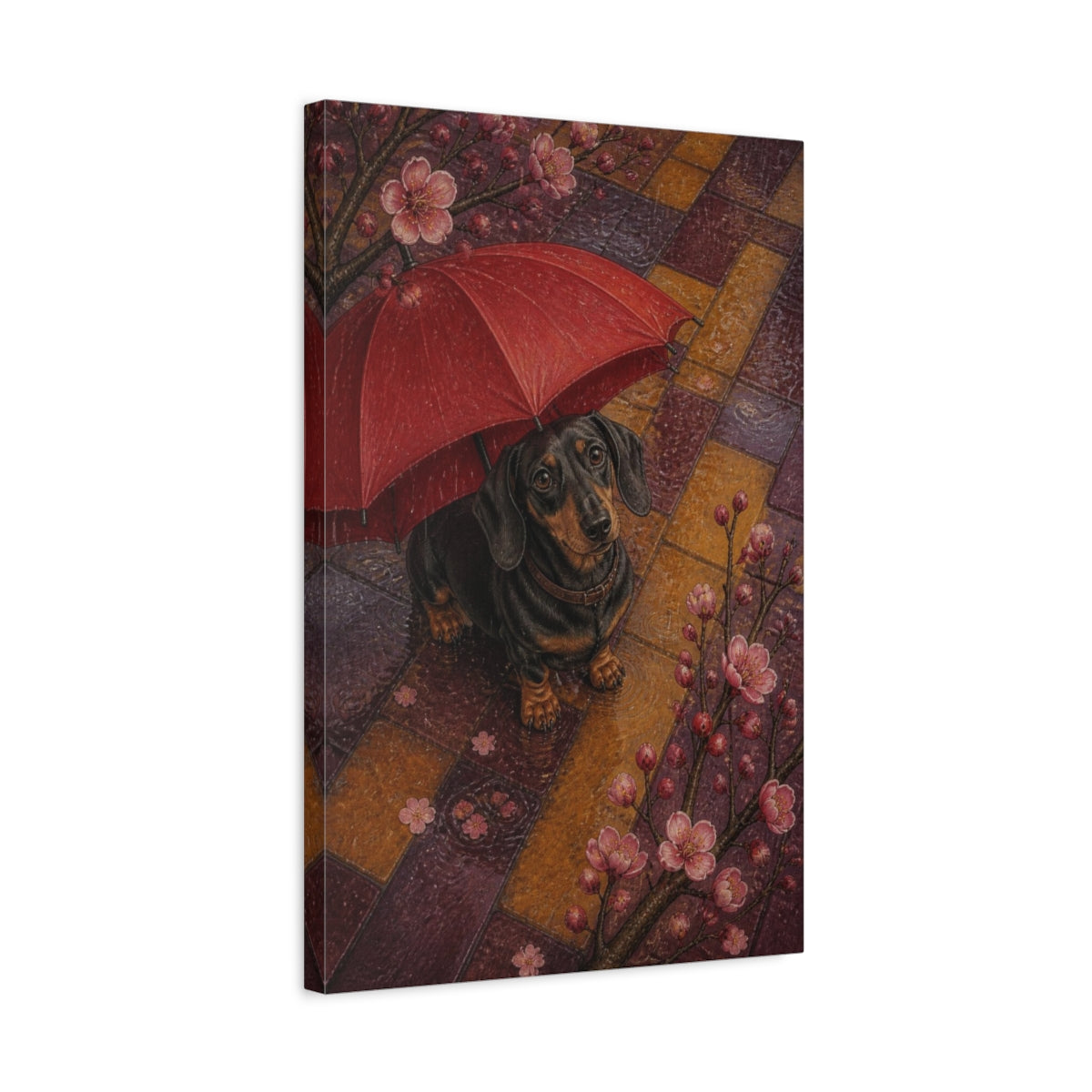 Side Mockup 3. Pet Dachshund With Umbrella shown as canvas print