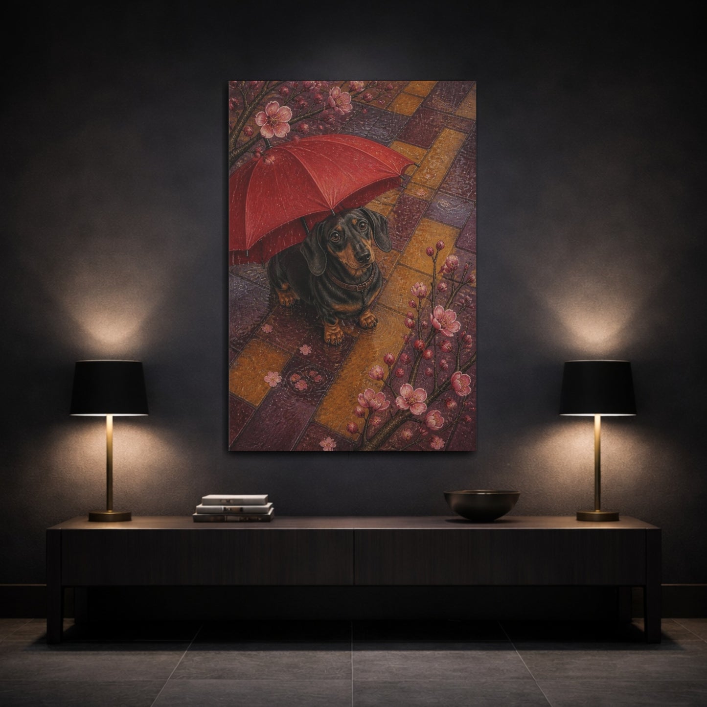 Mockup 3. Pet Dachshund With Umbrella shown as canvas print