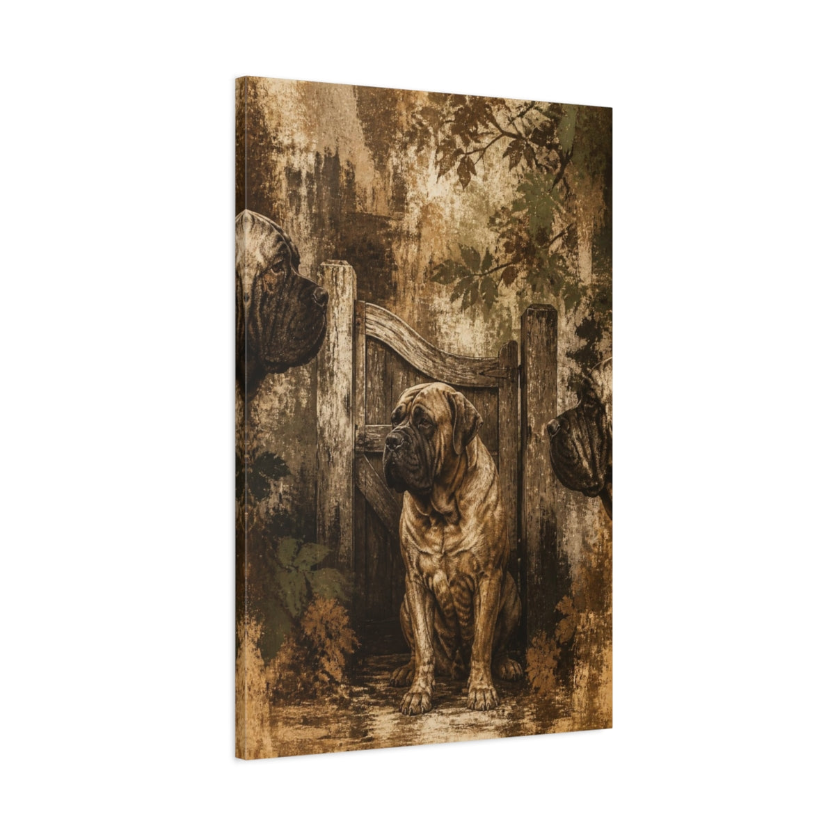 Main Mockup. Pet Mastiff At Gate shown as canvas print
