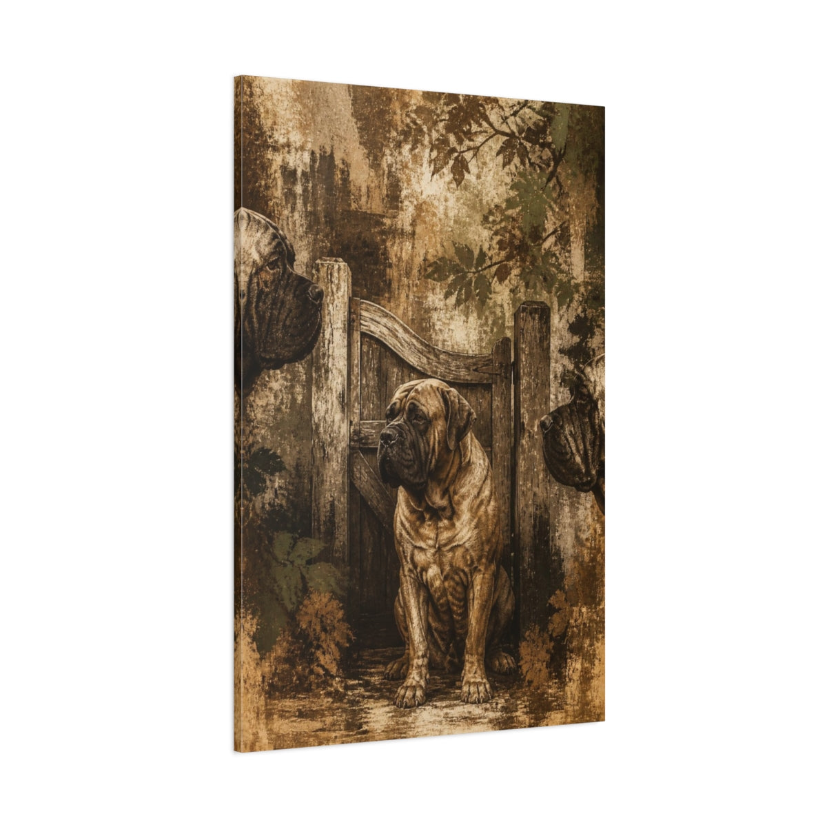Side Mockup 1. Pet Mastiff At Gate shown as canvas print