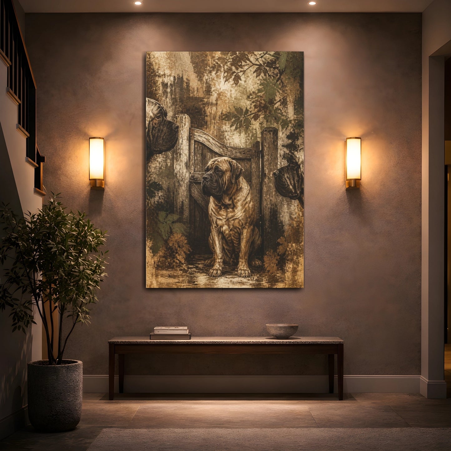 Mockup 2. Pet Mastiff At Gate shown as canvas print