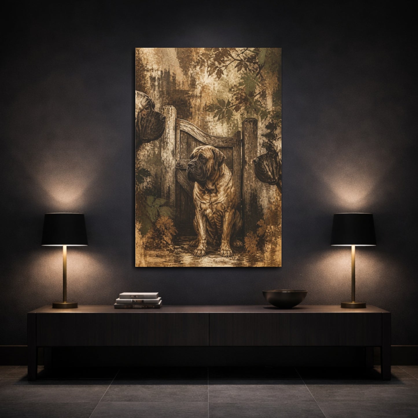 Mockup 3. Pet Mastiff At Gate shown as canvas print