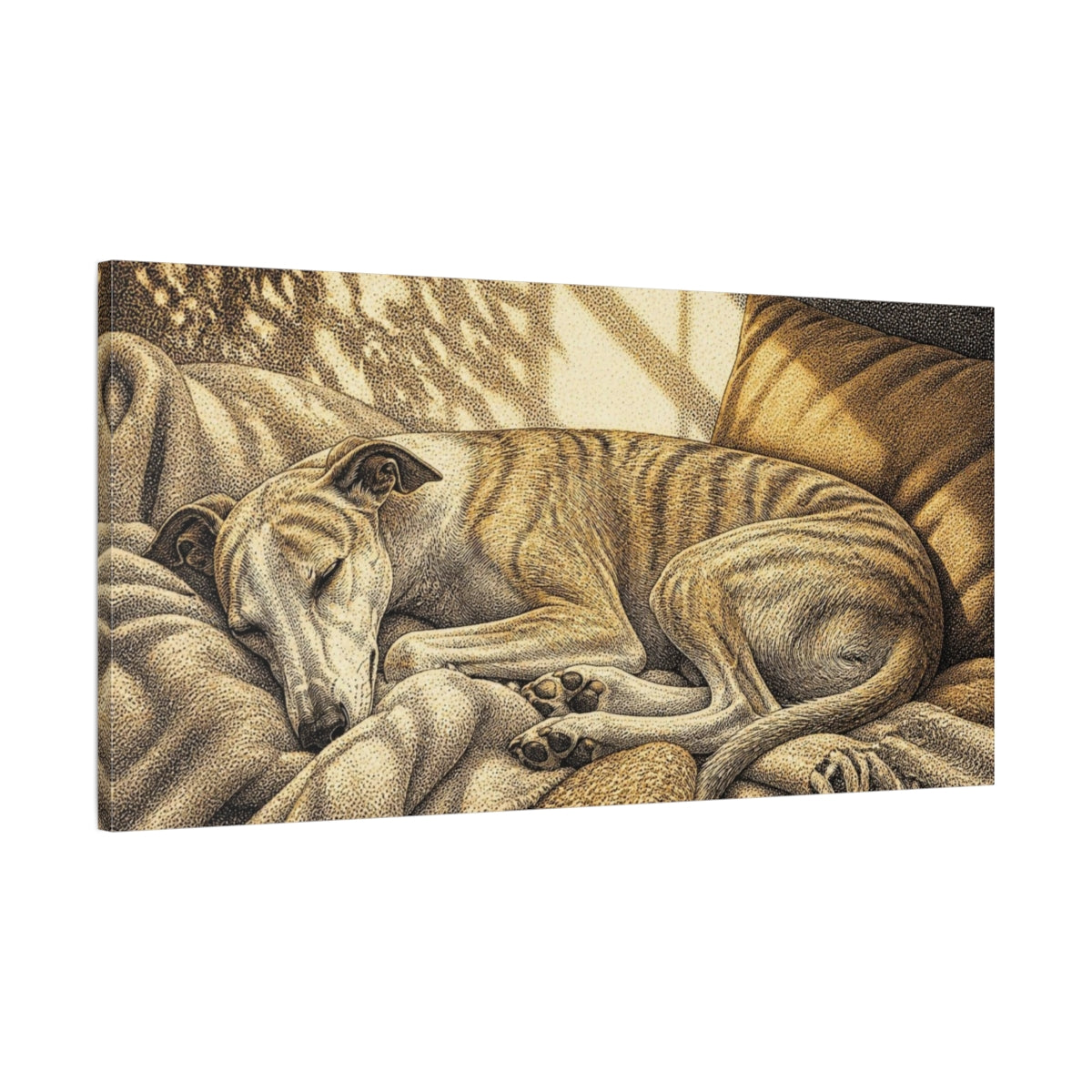 Main Mockup. Pet Whippet Sun Nap shown as canvas print