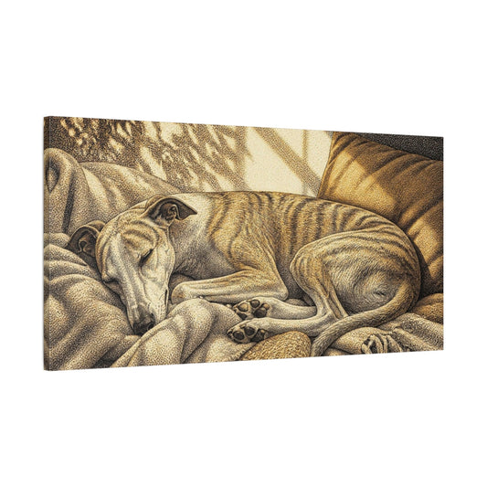 Main Mockup. Pet Whippet Sun Nap shown as canvas print