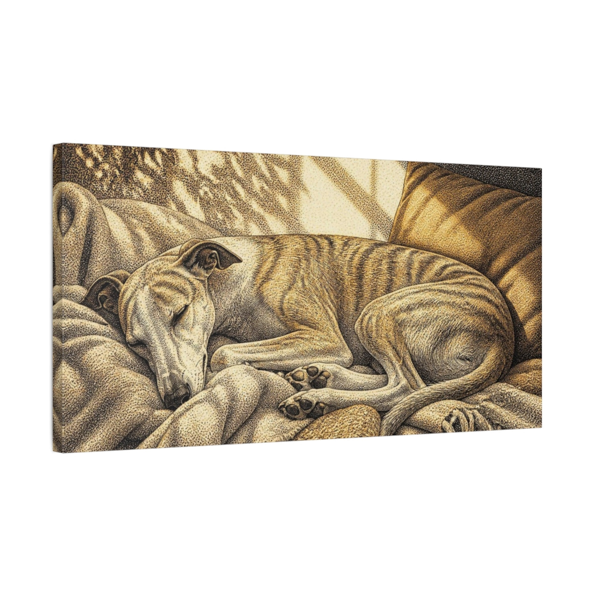 Side Mockup 1. Pet Whippet Sun Nap shown as canvas print
