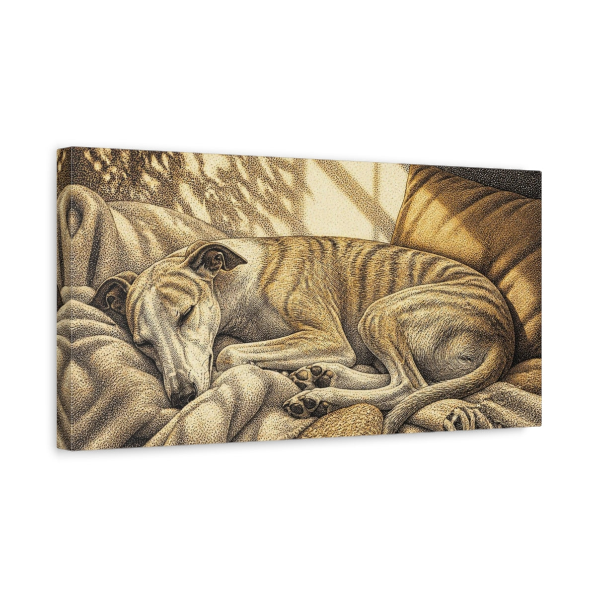 Side Mockup 3. Pet Whippet Sun Nap shown as canvas print