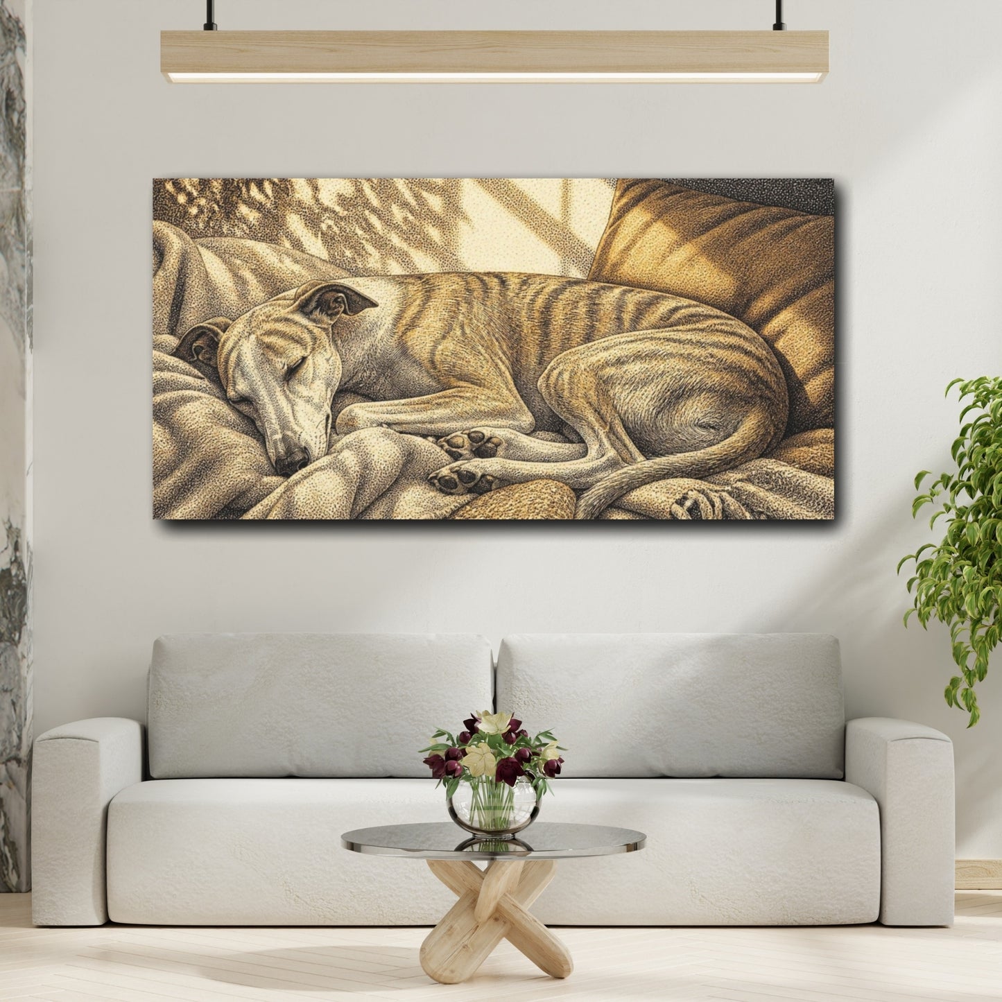 Mockup 2. Pet Whippet Sun Nap shown as canvas print