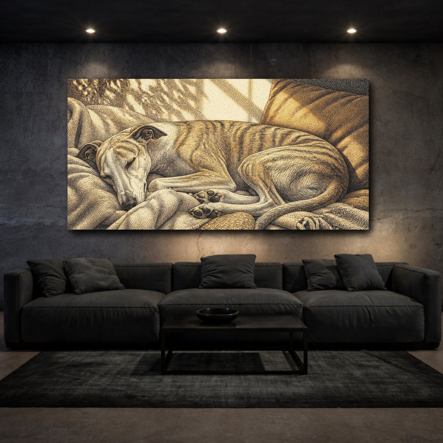 Mockup 3. Pet Whippet Sun Nap shown as canvas print