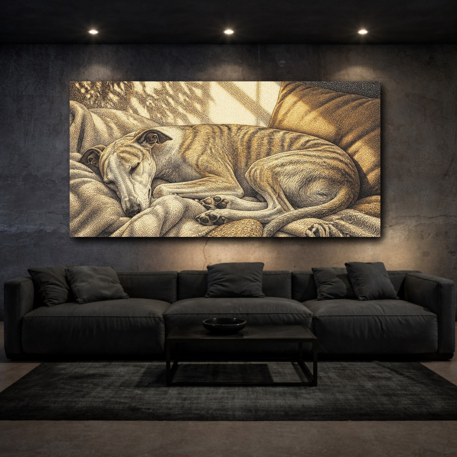 Mockup 3. Pet Whippet Sun Nap shown as canvas print