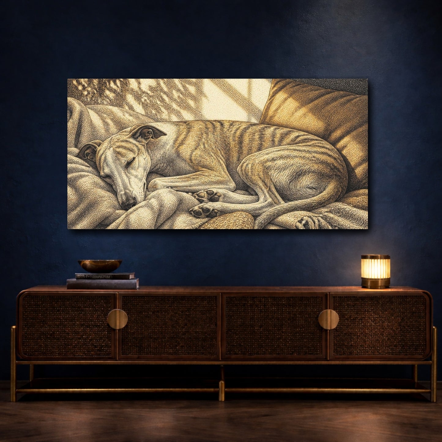 Mockup 4. Pet Whippet Sun Nap shown as canvas print