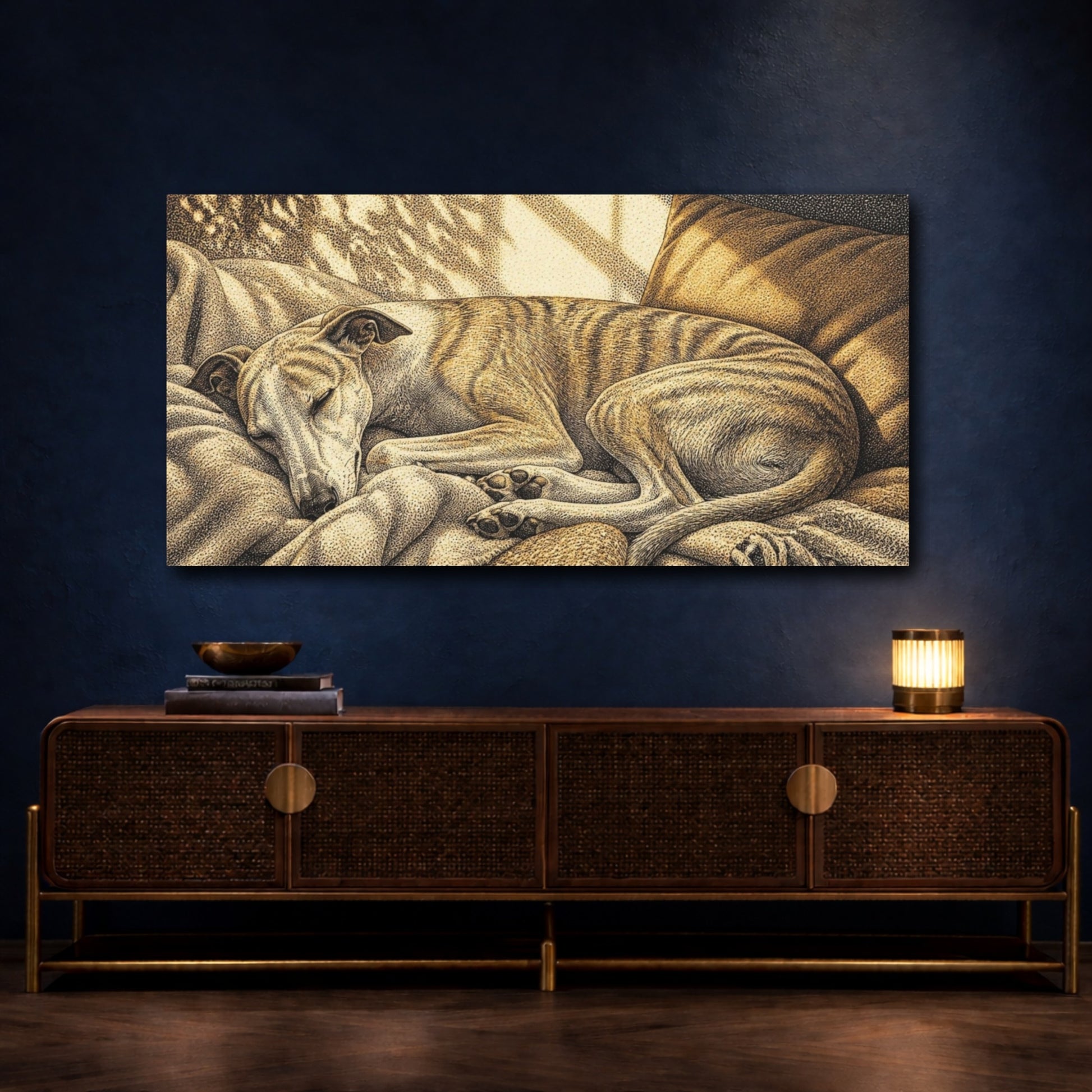 Mockup 4. Pet Whippet Sun Nap shown as canvas print