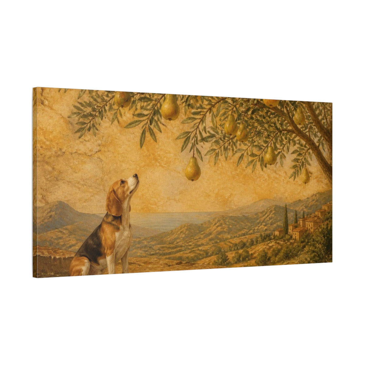 Main Mockup. Pets Beagle Among Pears shown as canvas print