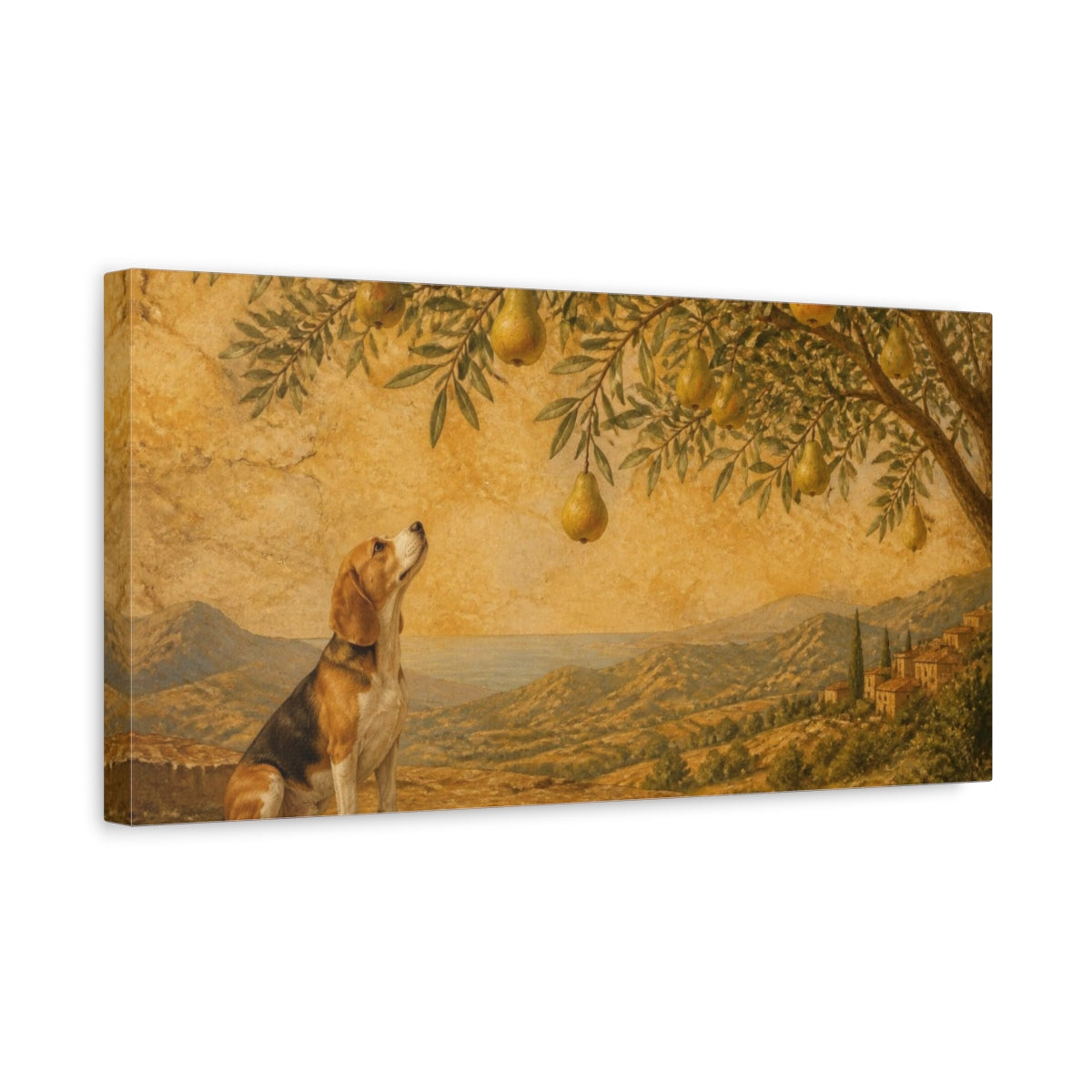 Side Mockup 3. Pets Beagle Among Pears shown as canvas print