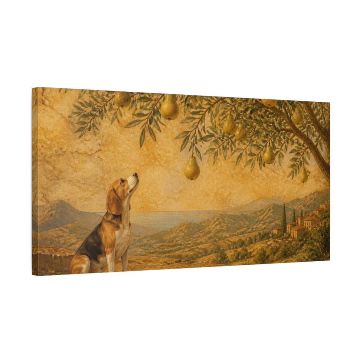 Side Mockup 1. Pets Beagle Among Pears shown as canvas print
