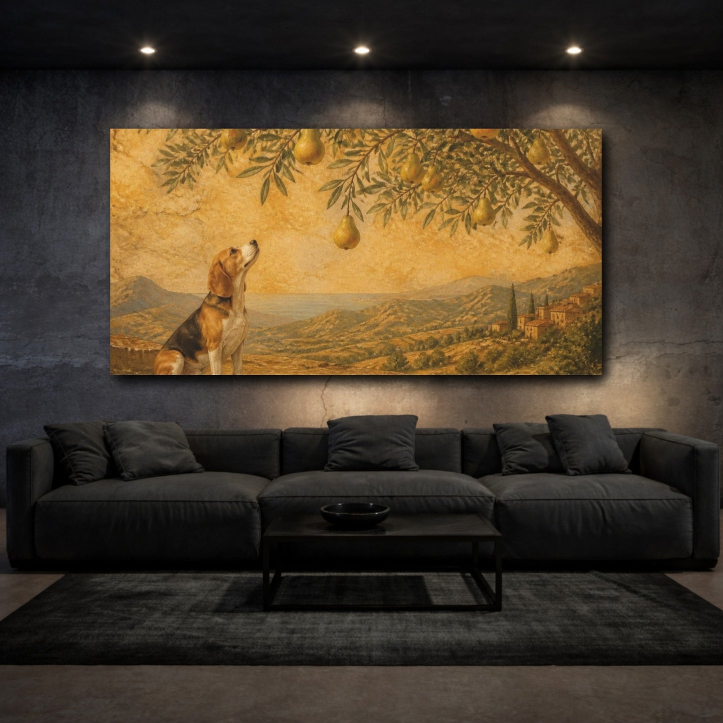 Mockup 3. Pets Beagle Among Pears shown as canvas print